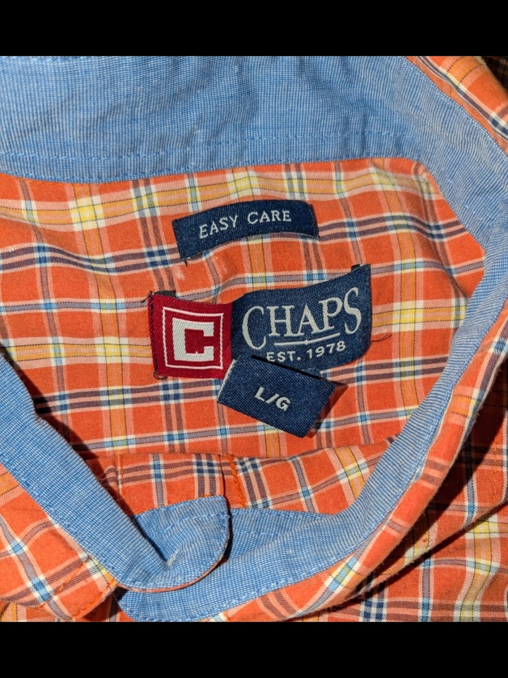 Chaps Orange Plaid Button-Down Shirt with Blue Accent Size Large - Picture 4 of 4